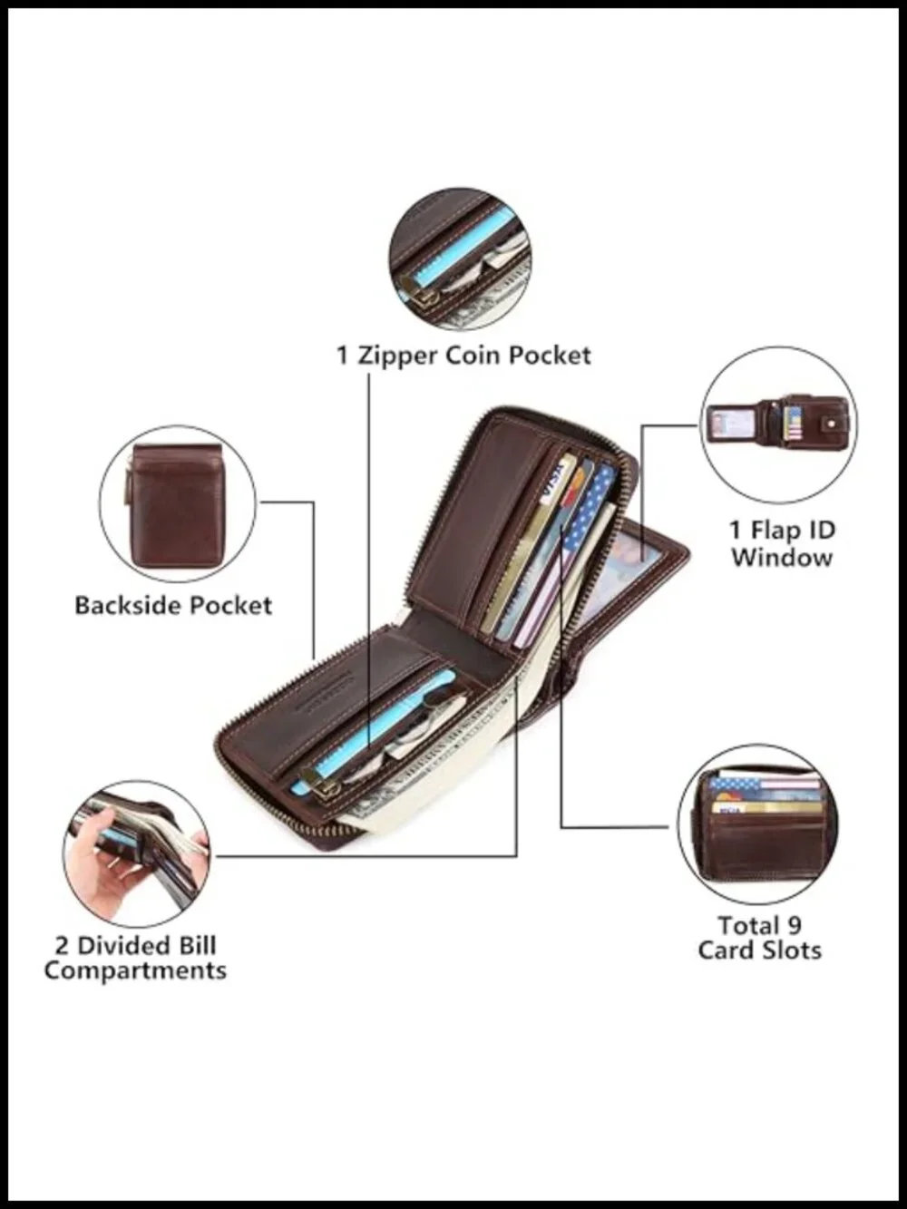 RFID Blocking Leather Bifold Wallet with Chain, 18 Card Slots, Genuine Cowhide